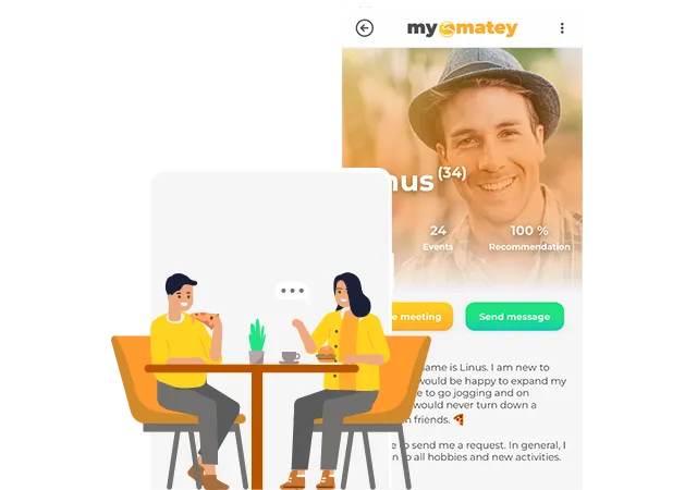 mymatey app screenshot in light mode showing a user profile with an option to make a meetup